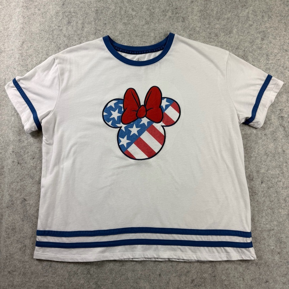 Disney American Patriotic Minnie Mouse Red+White+Blue Medium Ringer Tee Shirt